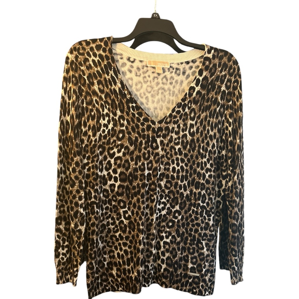 Michael Kors Long Sleeve V-Neck Pullover Sweater Warm Leopard Print Women's L